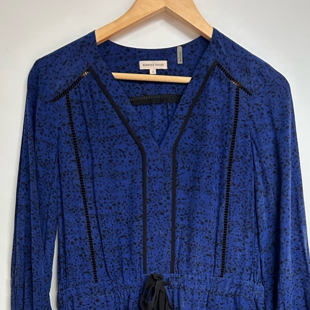 Rebecca Taylor silk  Long Sleeve blue black Print Dress with  belt - Picture 6 of 9